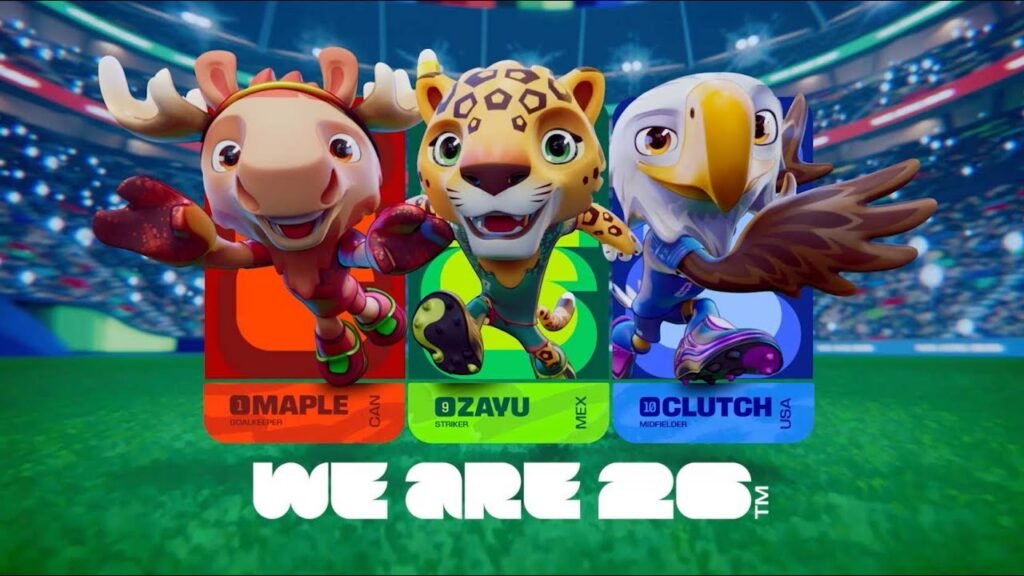 Three animated sports mascots—a moose, a jaguar, and an eagle—run toward the viewer on a colorful stadium background with player cards and the text 'WE ARE 20'.