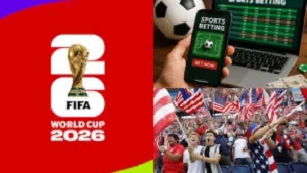 Collage featuring FIFA World Cup 2026 logo, a mobile sports-betting app, and cheering American fans with flags.