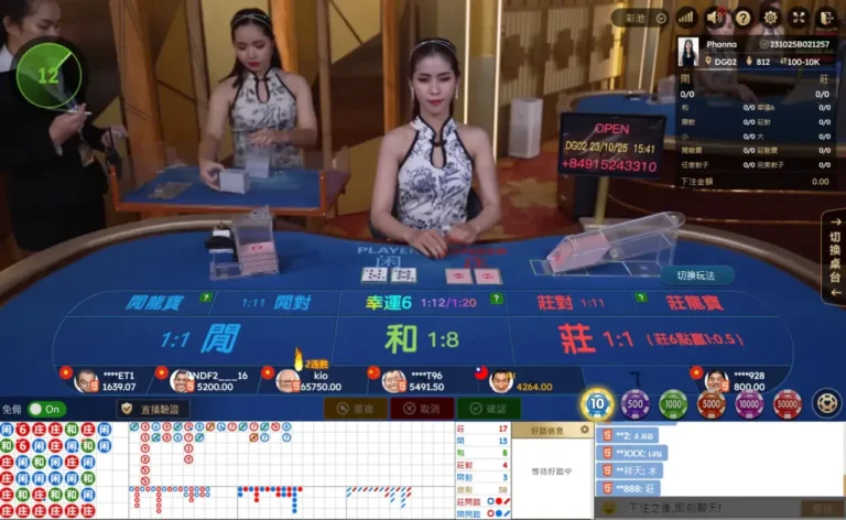 Live casino floor with a female dealer at a blue betting table, screens and cards visible in the background.