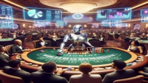 Robotic dealer at a casino baccarat table surrounded by players in tuxedos, with holographic data screens overhead.