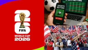 Collage featuring FIFA World Cup 2026 logo, a mobile sports-betting app, and cheering American fans with flags.