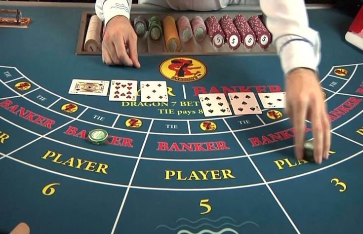 Croupier dealing cards at a baccarat table, with Banker and Player sections and chips nearby.