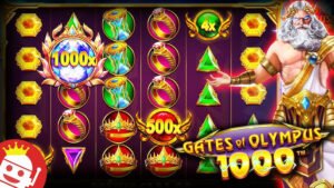 Zeus-themed slot game screenshot with gold symbols, gems, and a large 1000x bonus badge on the left; 'Gates of Olympus 1000' title on the bottom right.